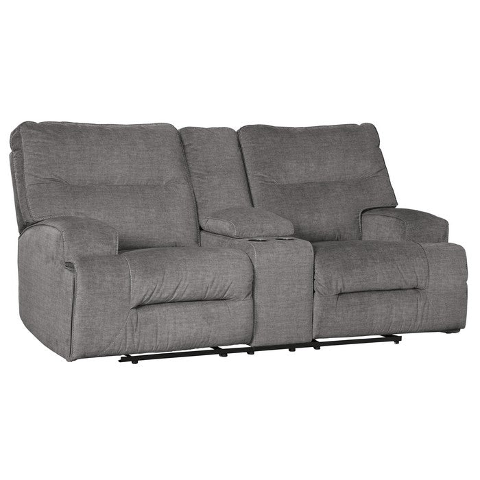 Wooden Dual Recliner Loveseat with Storage Console and Pull Tab, Gray