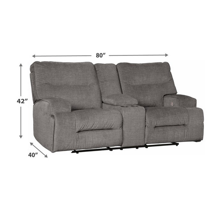 Wooden Dual Recliner Loveseat with Storage Console and Pull Tab, Gray