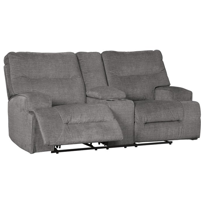 Wooden Dual Recliner Loveseat with Storage Console and Pull Tab, Gray
