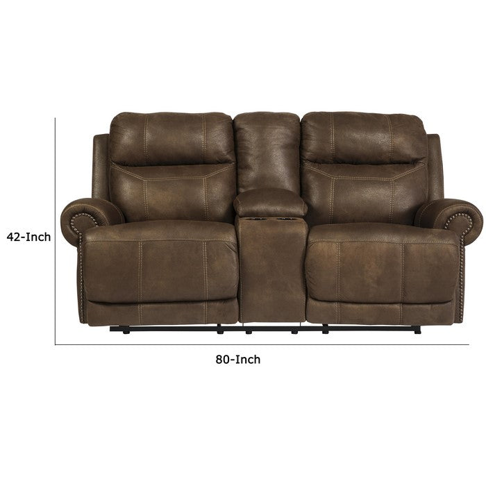 Wooden Dual Recliner Power Loveseat with Console and Nailhead Trims, Brown
