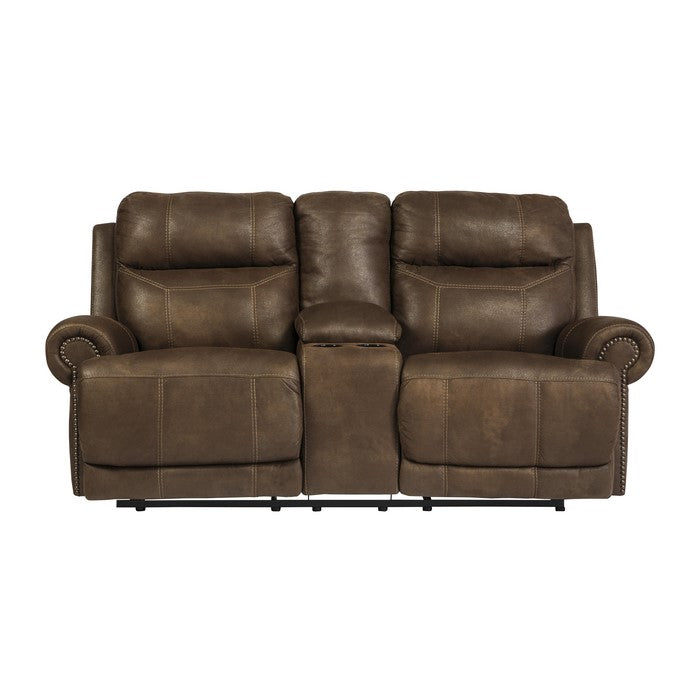Wooden Dual Recliner Power Loveseat with Console and Nailhead Trims, Brown