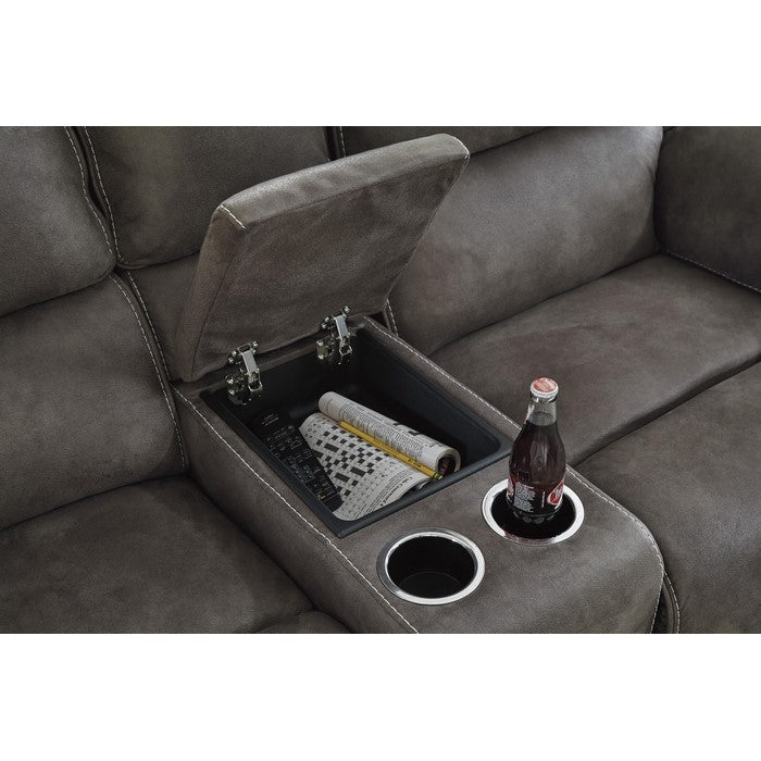 Wooden Dual Recliner Power Loveseat with Storage Console, Dark Gray