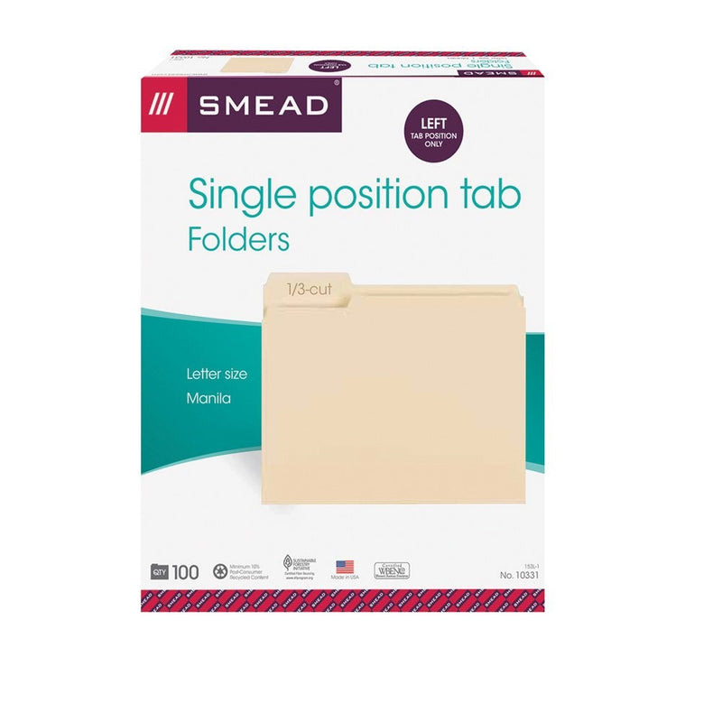 Smead File Folder, 1/3-Cut Left Position, Letter Size, Manila, 100 Per Box (10331)