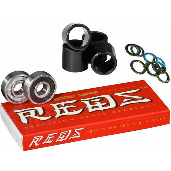 Bones Super Reds Bearings, 8 Pack set With FREE Bones Spacers & Speed Washers