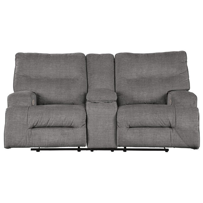 Wooden Dual Recliner Power Loveseat with Storage Console, Light Gray