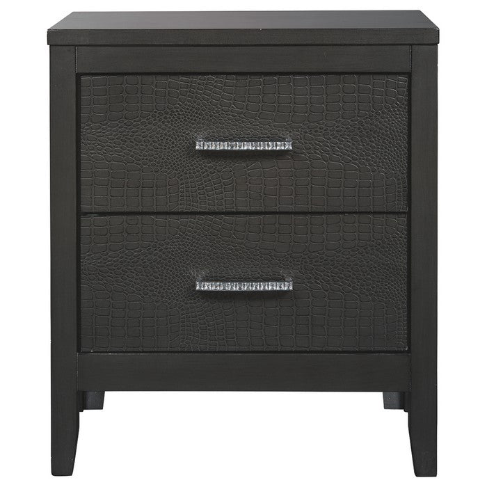 Wooden Frame Nightstand with 2 Drawers and Textured Fronts, Black