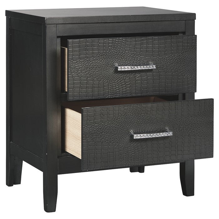 Wooden Frame Nightstand with 2 Drawers and Textured Fronts, Black