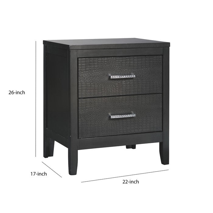 Wooden Frame Nightstand with 2 Drawers and Textured Fronts, Black