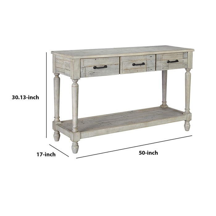 Wooden Frame Sofa Table with 3 Drawers and 1 Bottom Shelf, Washed White