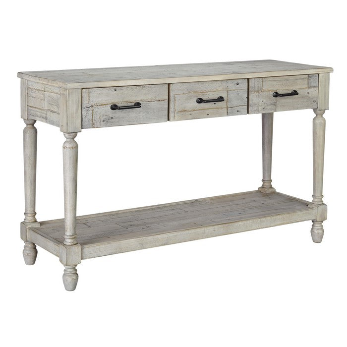 Wooden Frame Sofa Table with 3 Drawers and 1 Bottom Shelf, Washed White