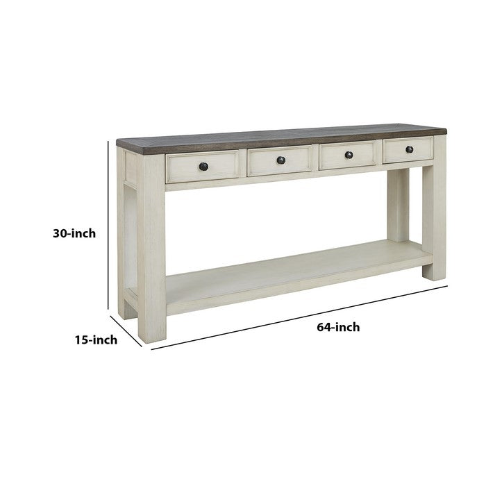Wooden Frame Sofa Table with 4 Drawers and 1 Open Shelf, White and Brown