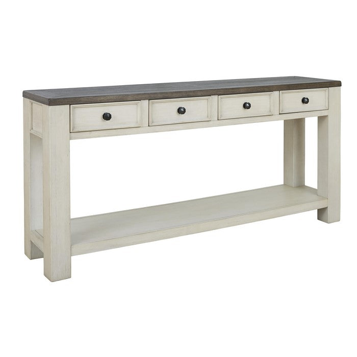 Wooden Frame Sofa Table with 4 Drawers and 1 Open Shelf, White and Brown