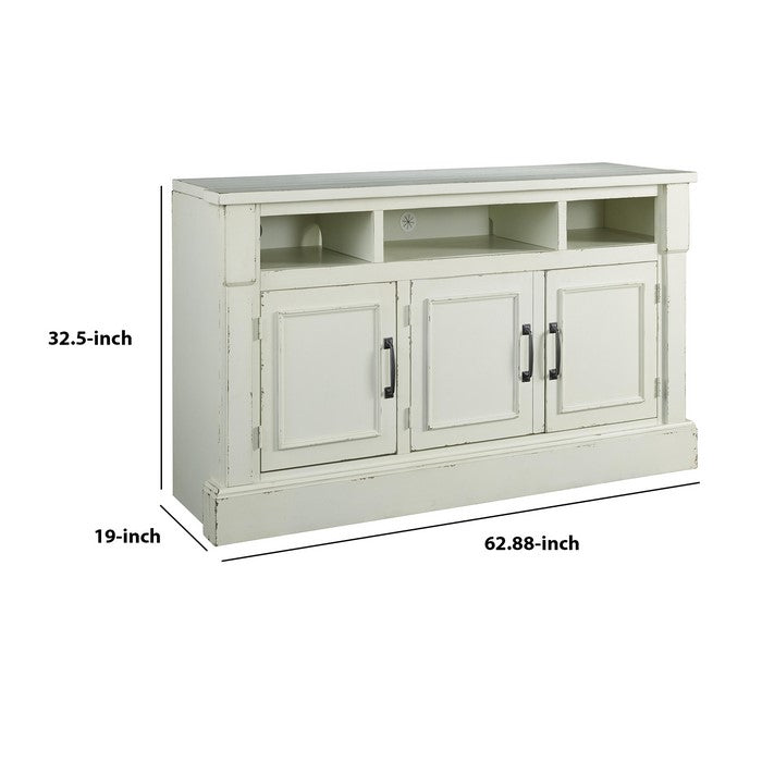Wooden Frame TV Stand with 3 Open Compartments and 3 Doors, White