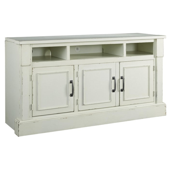 Wooden Frame TV Stand with 3 Open Compartments and 3 Doors, White