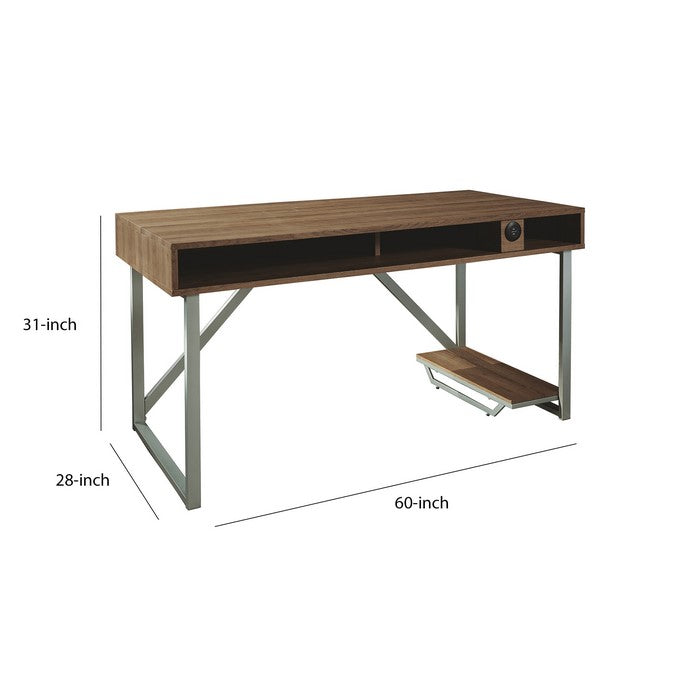 Wooden Gaming Desk with LED Back Light and 2 USB Ports, Brown and Gray