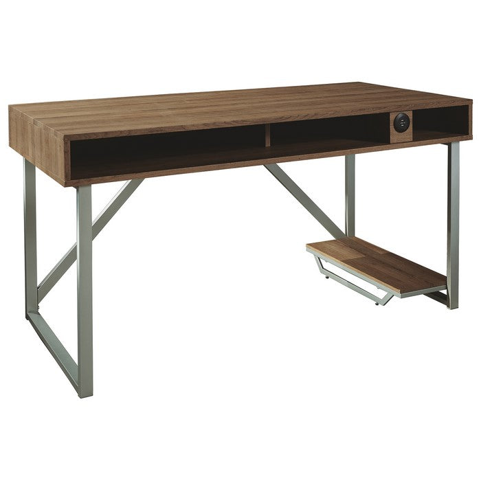 Wooden Gaming Desk with LED Back Light and 2 USB Ports, Brown and Gray