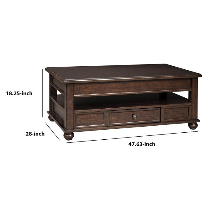 Wooden Lift Top Cocktail Table with 1 Drawer and Open Compartment, Brown