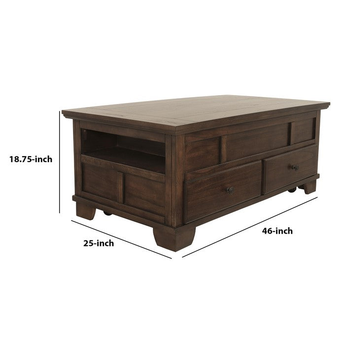 Wooden Lift Top Cocktail Table with 2 Drawers and 2 Open Compartments,Brown