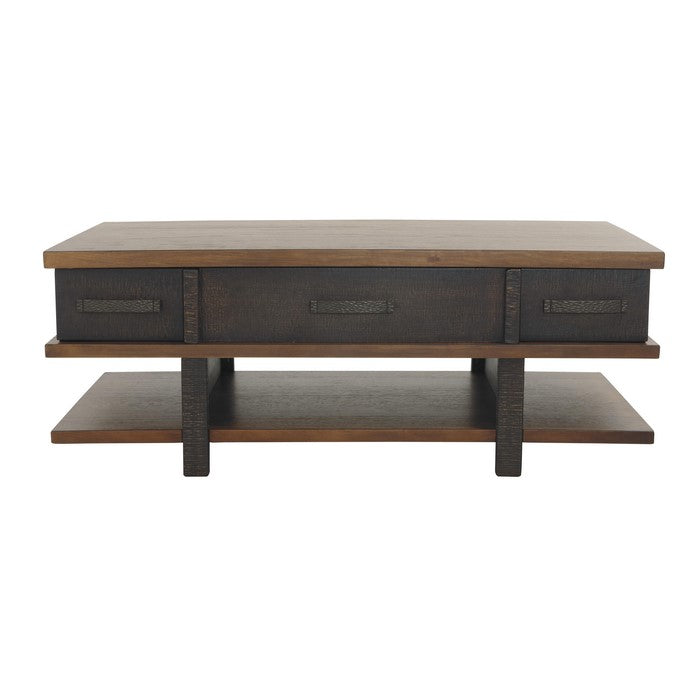 Wooden Lift Top Cocktail Table with 2 Drawers and 3 Open Shelves, Brown