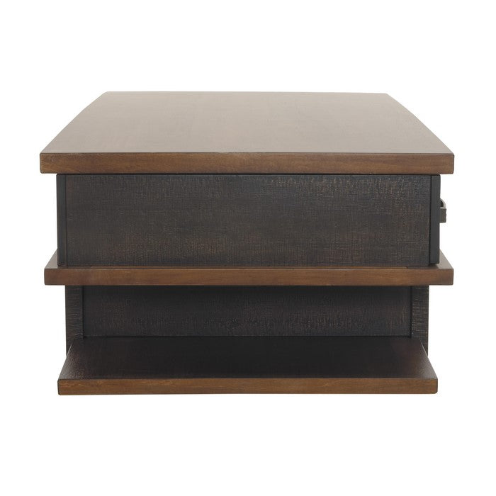 Wooden Lift Top Cocktail Table with 2 Drawers and 3 Open Shelves, Brown