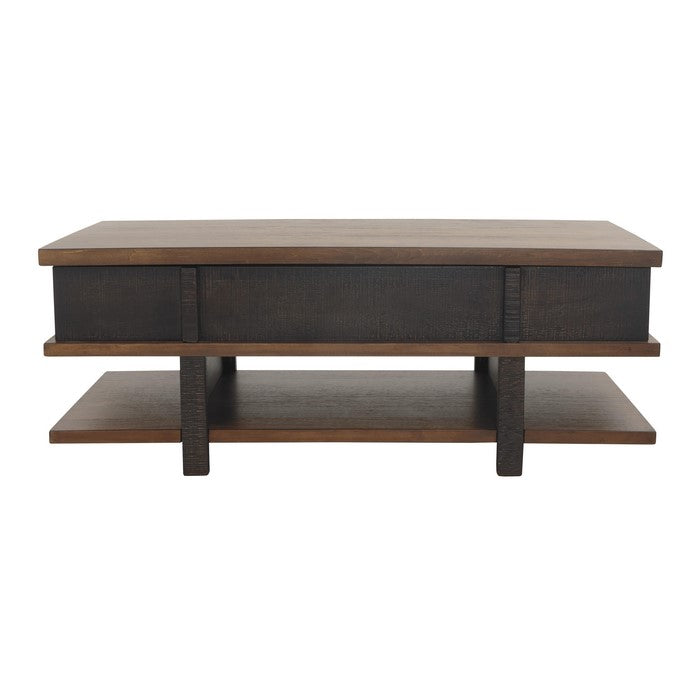 Wooden Lift Top Cocktail Table with 2 Drawers and 3 Open Shelves, Brown