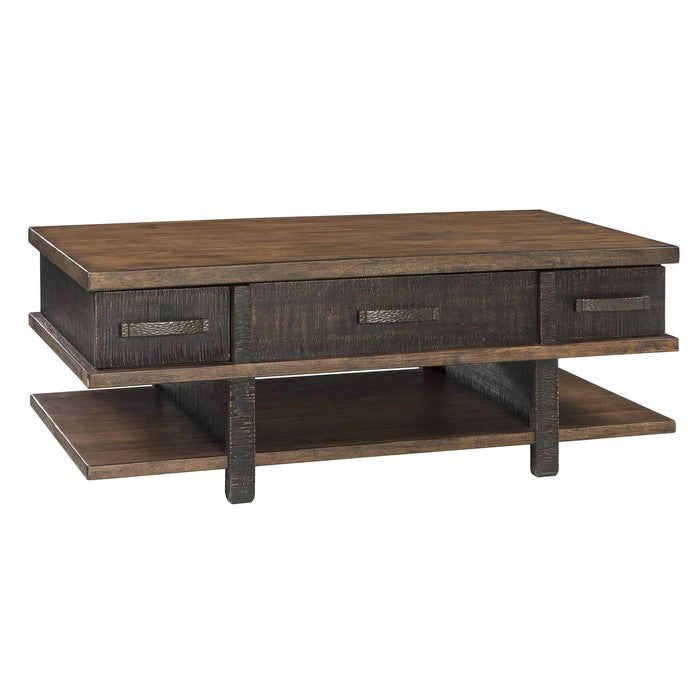 Wooden Lift Top Cocktail Table with 2 Drawers and 3 Open Shelves, Brown