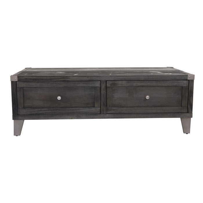 Wooden Lift Top Cocktail Table with 2 Drawers and Metal Accents, Gray