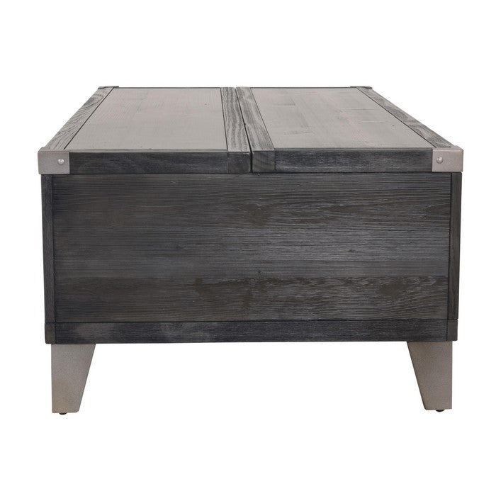 Wooden Lift Top Cocktail Table with 2 Drawers and Metal Accents, Gray