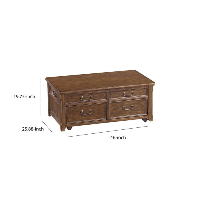 Wooden Lift Top Cocktail Table with 4 Drawers and Casters, Brown