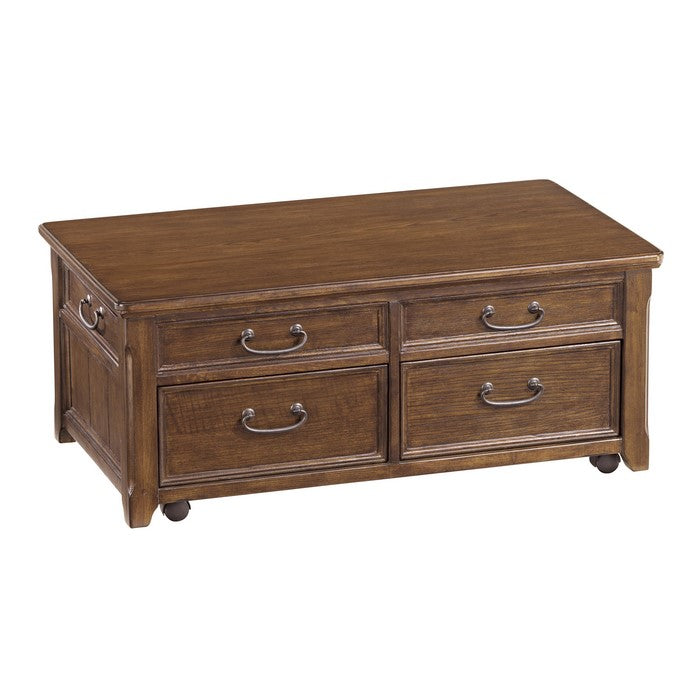 Wooden Lift Top Cocktail Table with 4 Drawers and Casters, Brown