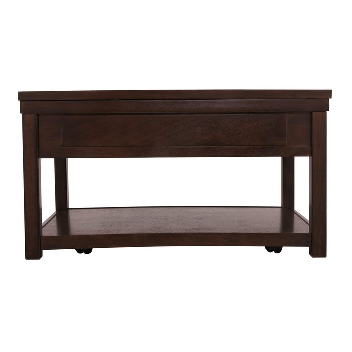 Wooden Lift Top Cocktail Table with Open Bottom Shelf and Casters, Brown