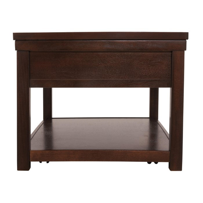 Wooden Lift Top Cocktail Table with Open Bottom Shelf and Casters, Brown