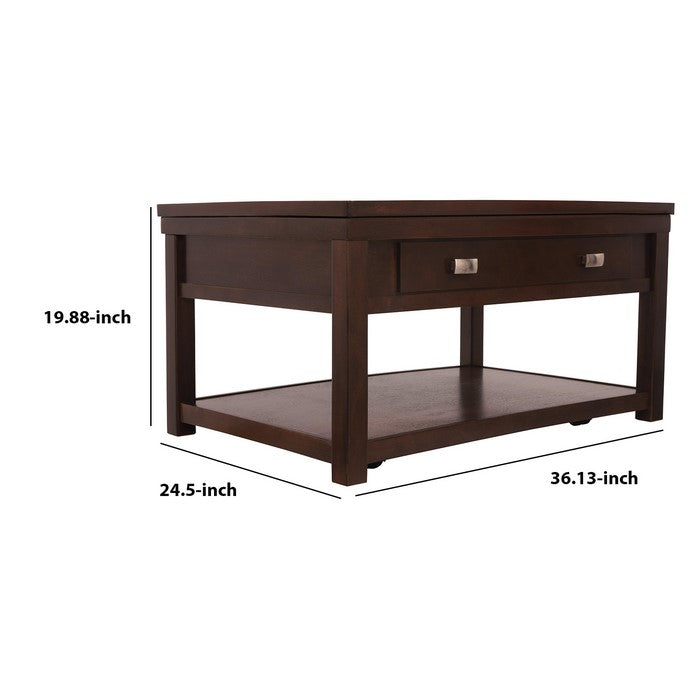 Wooden Lift Top Cocktail Table with Open Bottom Shelf and Casters, Brown