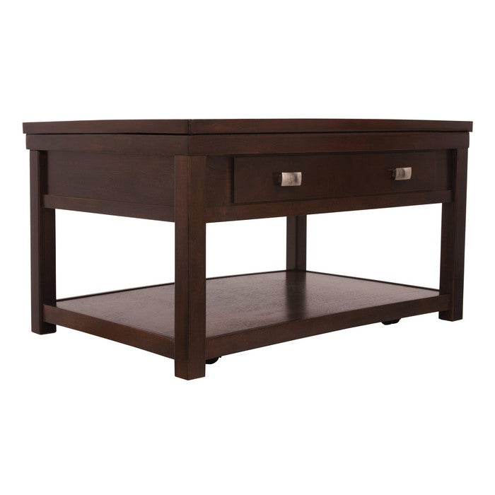 Wooden Lift Top Cocktail Table with Open Bottom Shelf and Casters, Brown