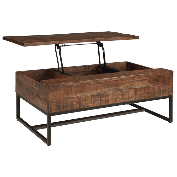 Wooden Plank Style Lift Top Cocktail Table with Metal Base, Brown
