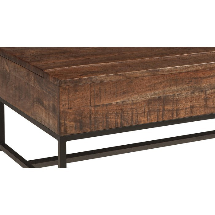 Wooden Plank Style Lift Top Cocktail Table with Metal Base, Brown