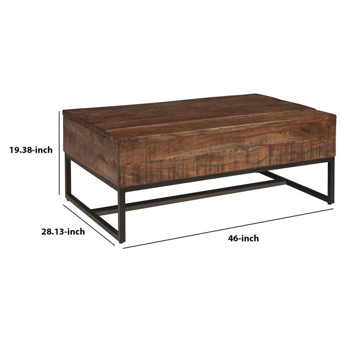 Wooden Plank Style Lift Top Cocktail Table with Metal Base, Brown