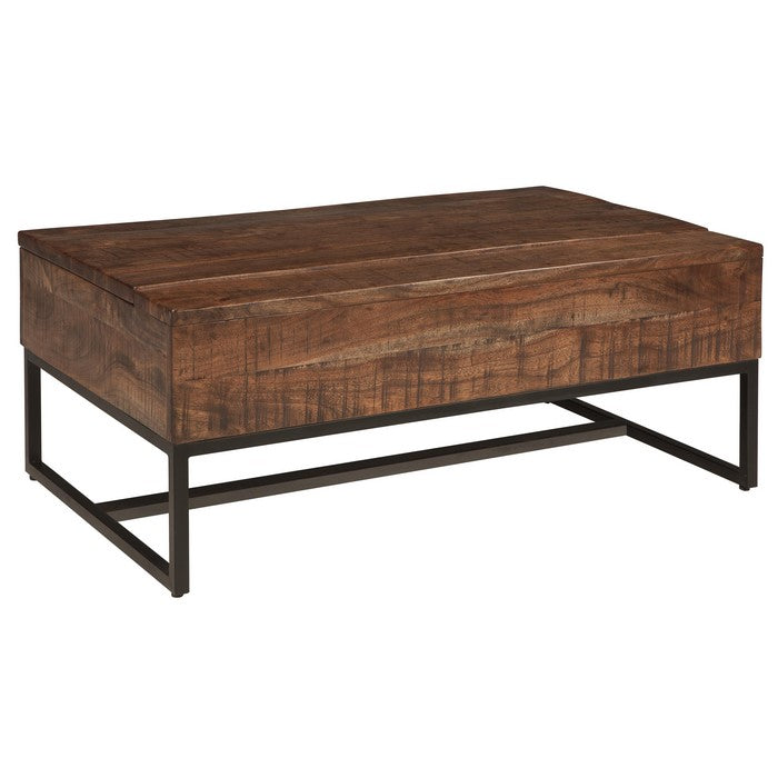 Wooden Plank Style Lift Top Cocktail Table with Metal Base, Brown