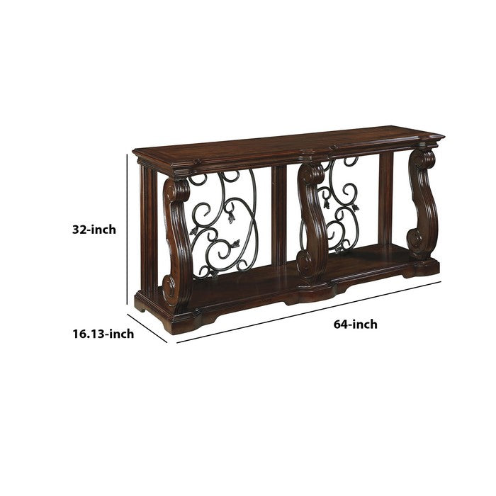 Wooden Sofa Table with 1 Bottom Shelf and Cabriole Legs, Dark Brown