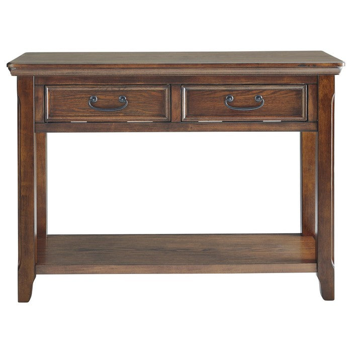 Wooden Sofa Table with 2 Drawers and 1 Bottom Shelf, Dark Brown