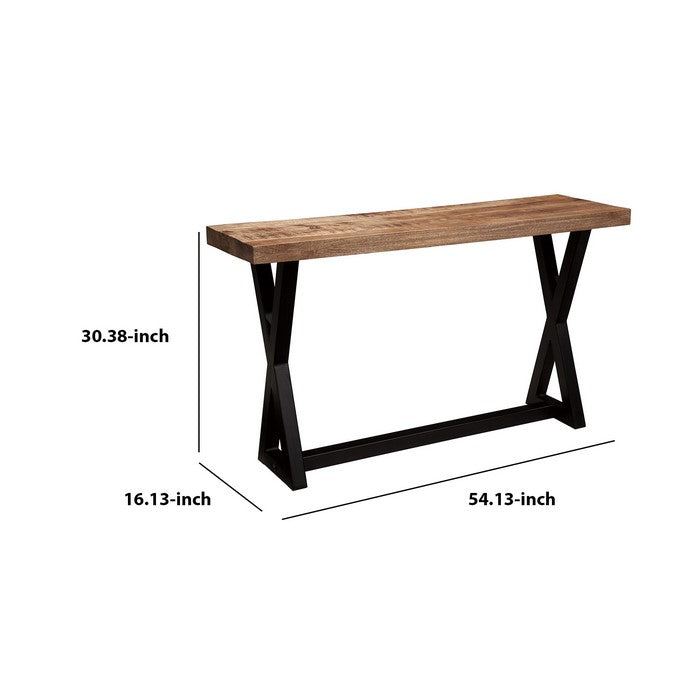 Wooden Top Sofa Table with X Frame Metal Base, Light Brown and Black