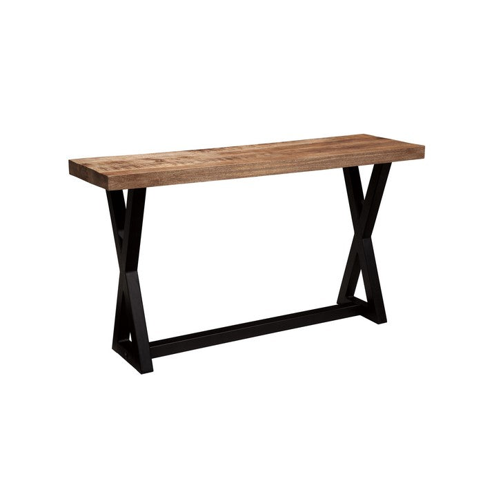 Wooden Top Sofa Table with X Frame Metal Base, Light Brown and Black