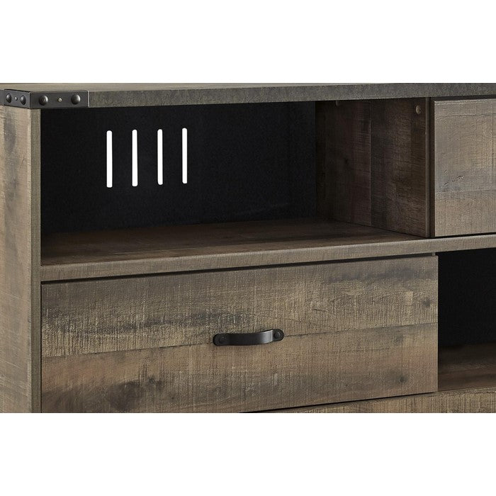 Wooden TV Stand with 4 Compartments and 2 Sliding Doors, Brown