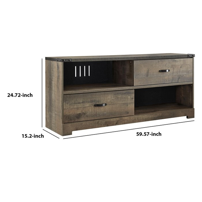 Wooden TV Stand with 4 Compartments and 2 Sliding Doors, Brown
