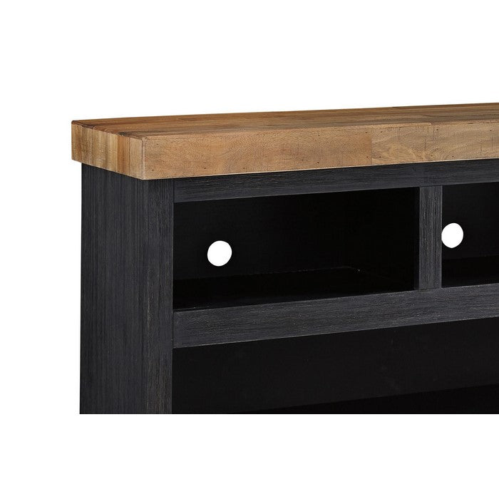 Wooden TV Stand with 6 Open Compartments and 1 Door, Brown and Black