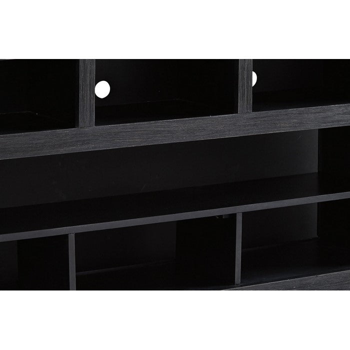Wooden TV Stand with 6 Open Compartments and 1 Door, Brown and Black