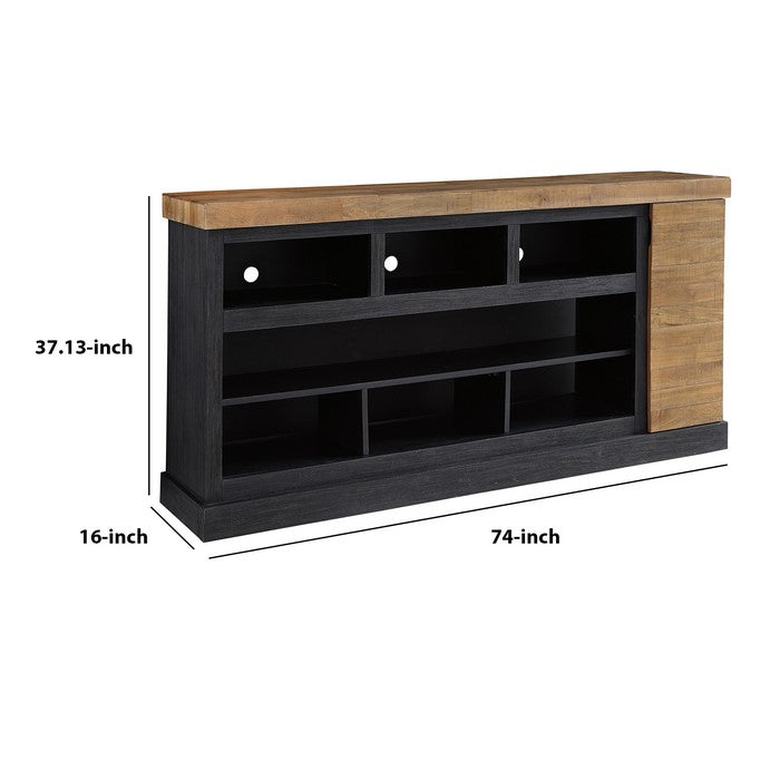 Wooden TV Stand with 6 Open Compartments and 1 Door, Brown and Black