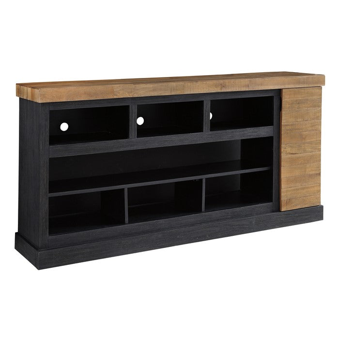 Wooden TV Stand with 6 Open Compartments and 1 Door, Brown and Black