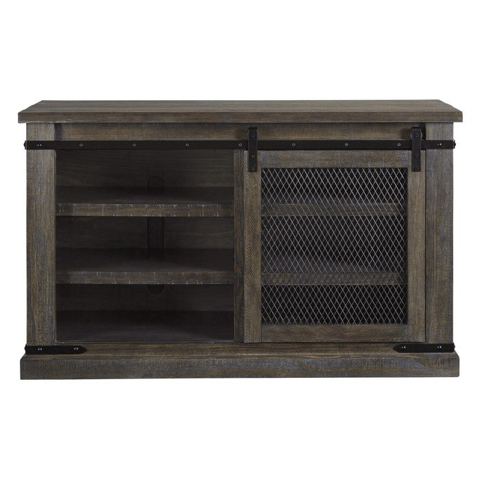 Wooden TV Stand with Barn Sliding Door and 4 Shelves, Medium, Brown