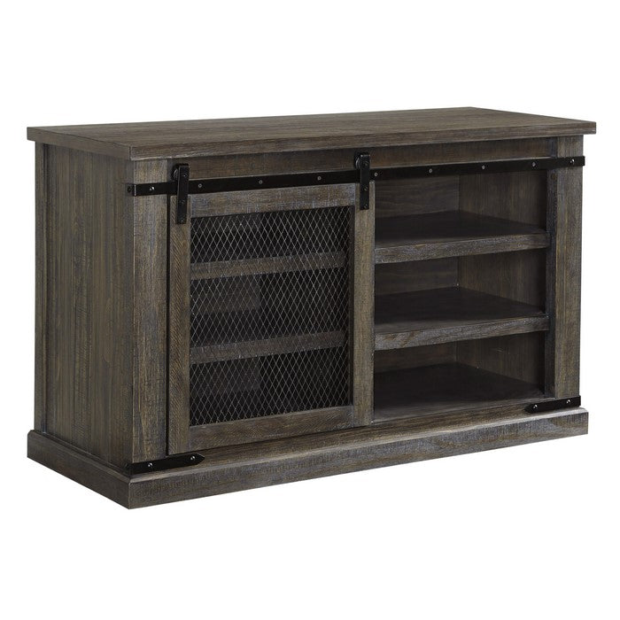 Wooden TV Stand with Barn Sliding Door and 4 Shelves, Medium, Brown